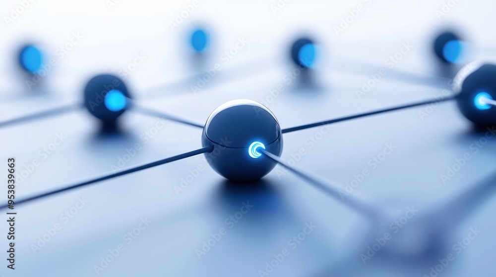 Poster close-up of connected blue glowing spheres representing a network or molecule structure on a blurred