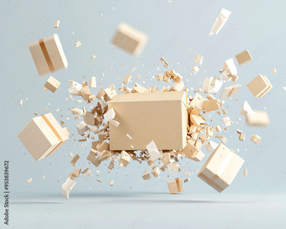 Fototapete exploding package breaking through digital barrier, showcasing dynamic movement and energy.