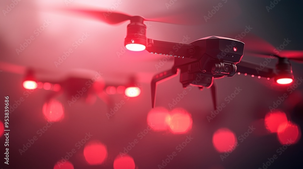 Aufkleber close-up of drones illuminated with red lights flying in formation, capturing a futuristic and techn