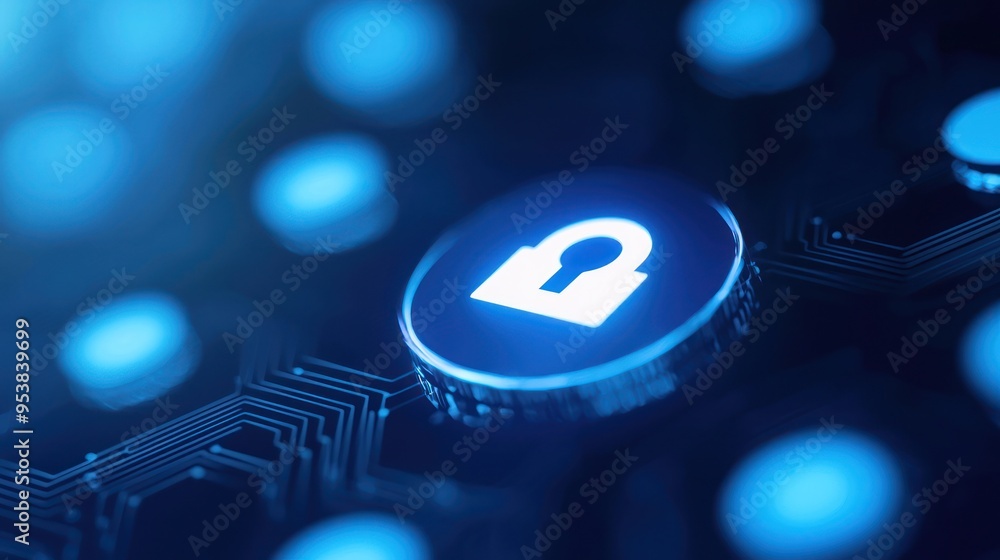 Poster close-up of glowing lock icon on circuit board, representing cybersecurity, data protection, and sec