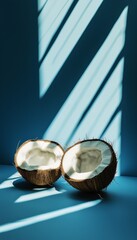 Two of coconut , tropical vibes, minimalistic design, simple composition, blue. Magazine cover. Generative AI.