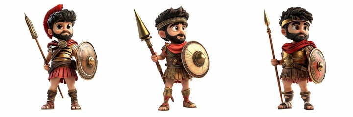 Cartoon Roman soldiers in full armor holding spears and shields, wearing red capes and red plumed helmets. The characters have bearded faces and stand in heroic, confident poses.