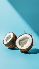 Coconut , tropical vibes, minimalistic design, simple composition, blue background. Generative AI
