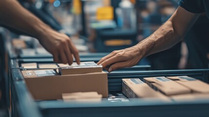 Hands Sorting Packages on a Conveyor Belt
