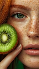 Close-up of a girl's face with red freckles and gray-blue eyes, with kiwi, tropical vibes, minimalistic design, simple composition, green. Generative AI