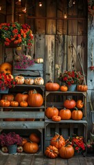 Farmer's market display of autumn produce, pumpkins, gourds, and apples in rustic crates, magazine cover, banner. Generative AI