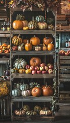 Farmer's market display of autumn produce, pumpkins, gourds, and apples in rustic crates. Generative AI