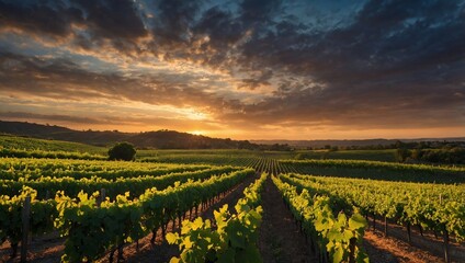 A vineyard landscape at sunset, showcasing lush green rows of grapevines under a dramatic sky.