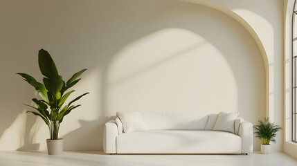 Minimalist home interior design of modern living room. White sofa and potted houseplants against arched window near beige wall with copy space.