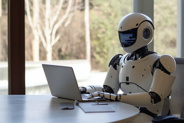 Photo of an AI robot sitting at the table and writing code on laptop, in office environment.