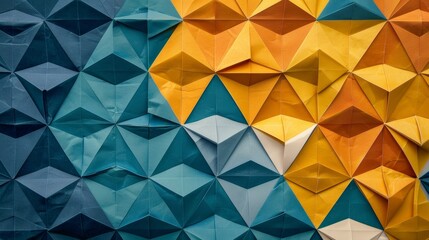 Geometric origami patterns with paper texture blue and yellow, abstract banner. Generative AI