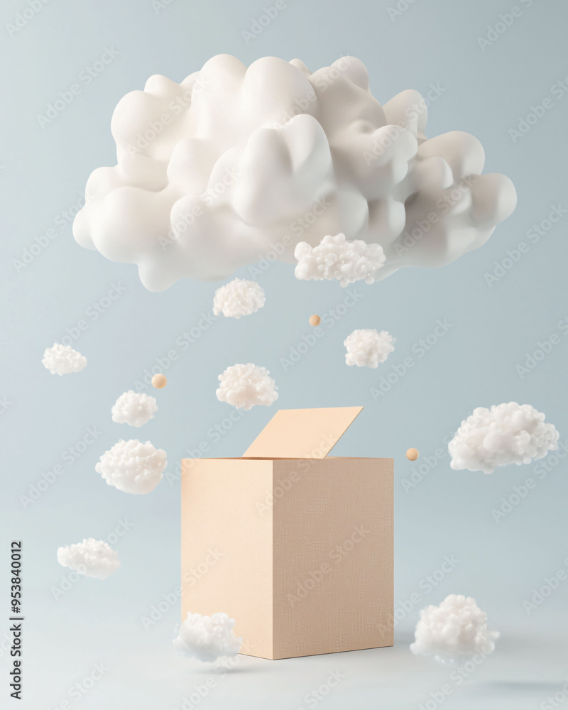 Poster a 3d parcel emerges from digital cloud, surrounded by fluffy clouds and soft spheres, creating whims