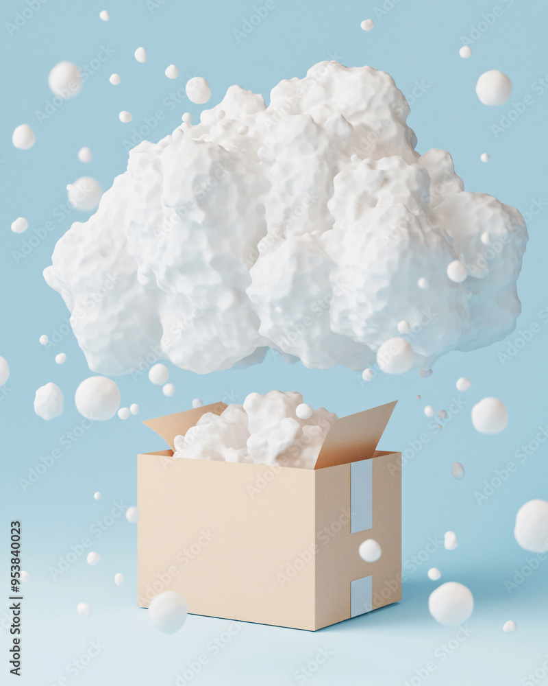 Poster a 3d parcel emerges from digital cloud, creating whimsical and imaginative scene. fluffy cloud and b