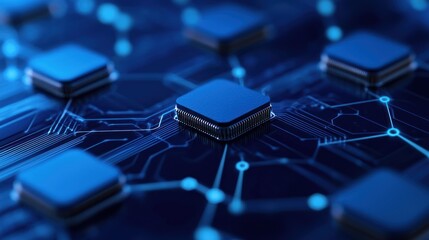 Close-up of microchips on a circuit board with glowing blue lines, representing advanced technology and digital connections.
