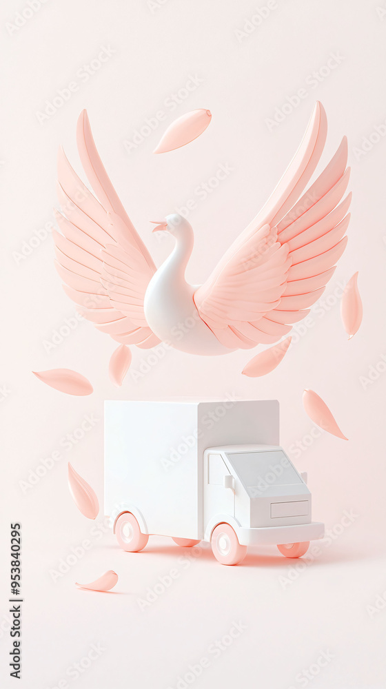 Poster a whimsical 3d rendering of delivery van with graceful bird soaring above, surrounded by soft petals
