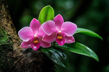 Orchids, epiphytic plants, growing on trees demonstrate their unique way of thriving without soil