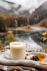 Ginger tea with milk in a transparent cup against the backdrop of an autumn landscape. Generative AI