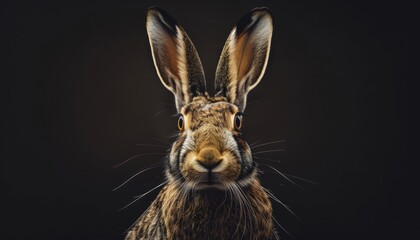 Hare portrait looking straight close-up on black background, banner, wildlife, brown rabbit, free space for text. Generative AI
