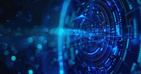A futuristic digital interface with blue glowing elements, representing technology and data visualization.