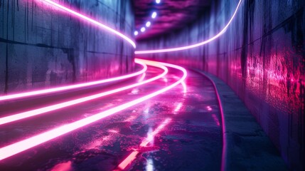 Neon light stripes on the road in the tunnel. Generative AI