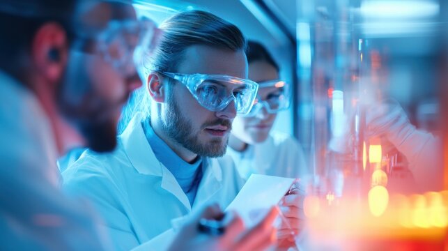 Scientists analyzing data in a modern laboratory with vibrant lighting. Focus on research and innovation in science.