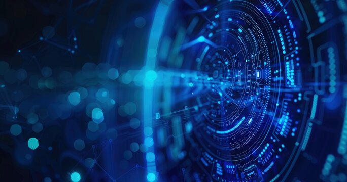 A futuristic digital interface with blue glowing elements, representing technology and data visualization.