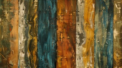 Rustic wood grain with abstract paint strokes. Generative AI.