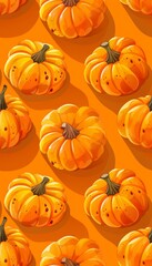 Seamless pattern of pumpkin, maintaining similar size and shape, detailed texture of each pumpkin against a soft orange backdrop with subtle gradients, highlighting the natural sheen. Generative AI