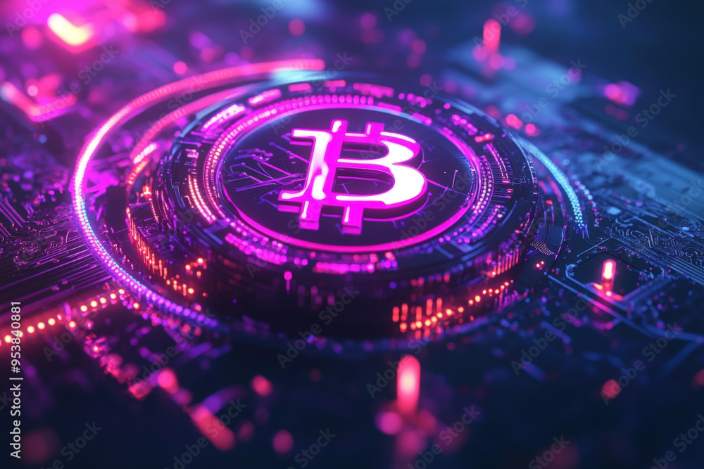 Poster glowing bitcoin cryptocurrency symbol is emerging from futuristic circuit board in digital space