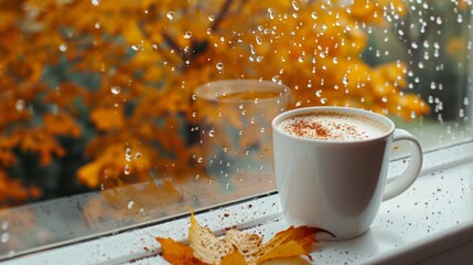 Steaming cup of pumpkin spice latte on a windowsill, raindrops on glass, autumn leaves beyond. Generative AI
