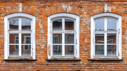 Fototapeta premium Three Windows on Brick Wall