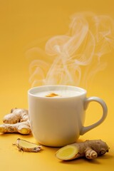 Steaming cup of ginger milk tea with visible ginger pieces, yellow background. Generative AI