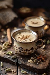 Tea with cardamom and milk in traditional Indian dishes. Generative AI
