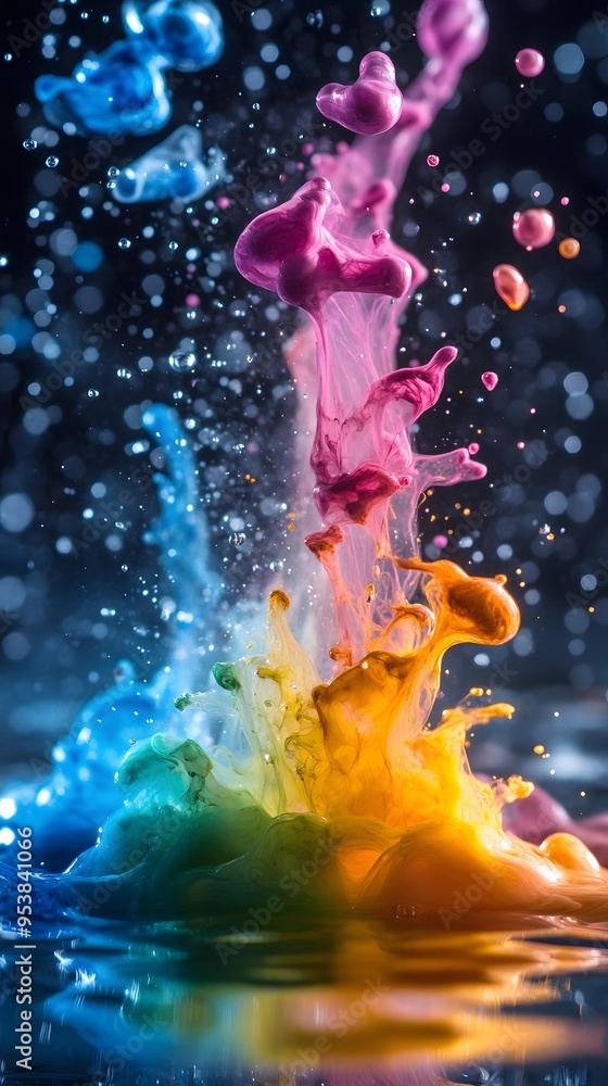 Poster dynamic splash of colorful paint in water creating a vibrant explosion