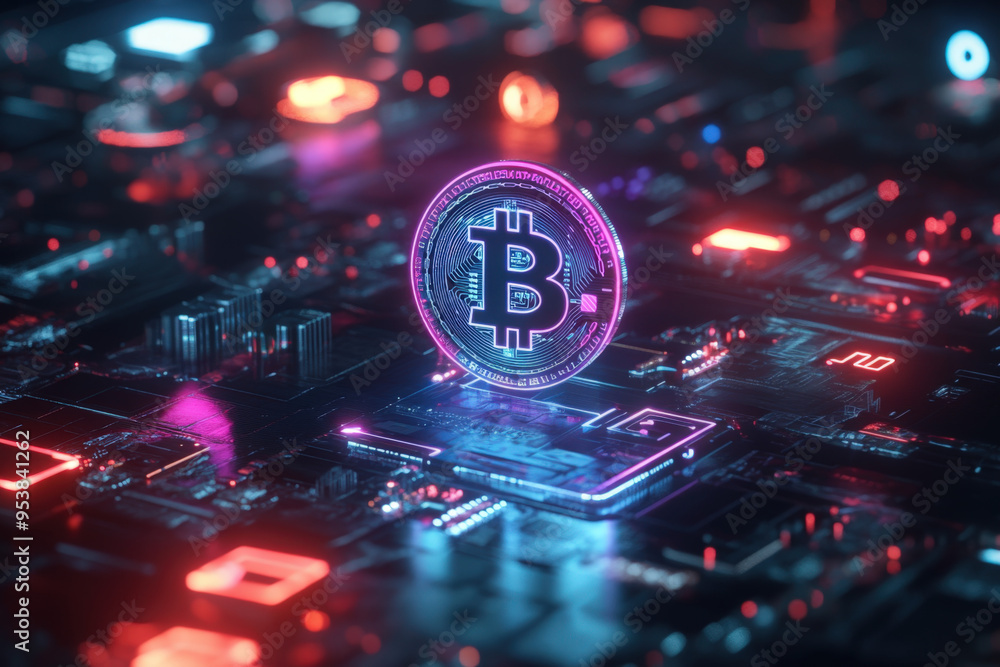 Poster glowing bitcoin cryptocurrency coin is hovering over a futuristic circuit board, symbolizing the dig