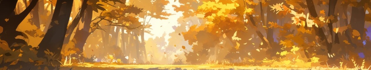 Enchanting Autumn Park: Anime-Style Illustration with Golden Leaves and Serene Atmosphere. Abstract Concept Art for Games, Storybooks, and Comics. Versatile 4K Wallpaper for Home Decor, Marketing, and