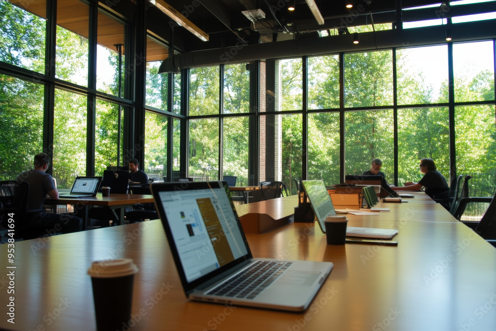 Poster modern open space office with programmers working on laptops at desks in front of large windows over