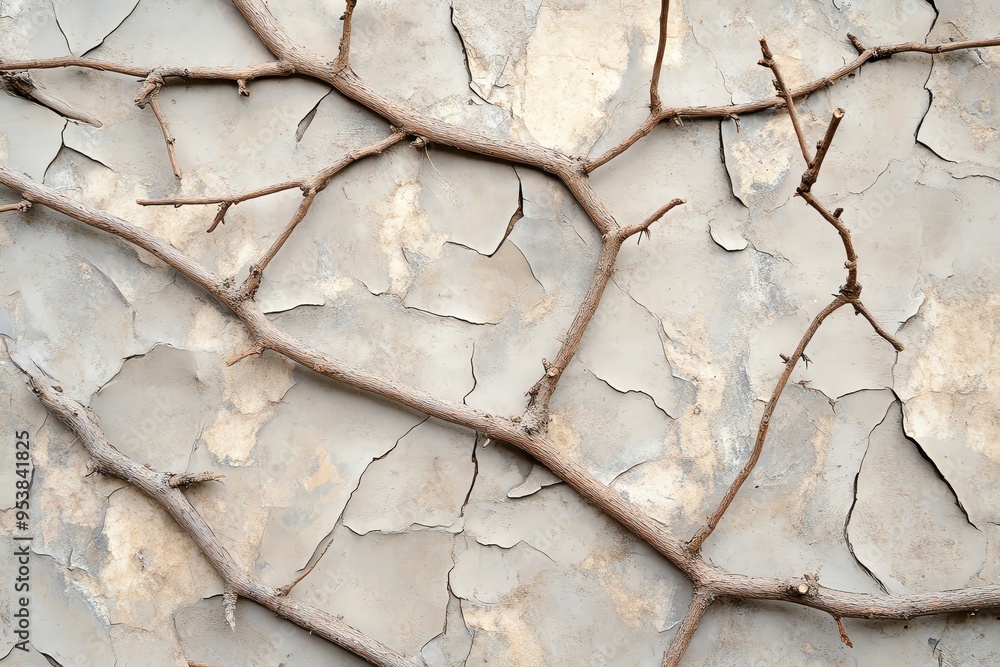 Poster abstract background featuring dry, cracked wall texture intertwined with thin branches, creating a u