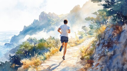 Serene Morning Jog: Asian Man Running on Mountain Path in Watercolor Style, Promoting Self-Care and Health