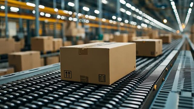 Conveyor roller-mounted boxes prepared for courier delivery and distribution