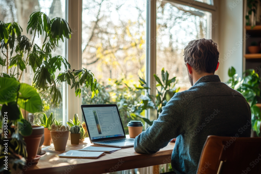 Poster programmer is working remotely using his laptop, enjoying the natural light from the window near his