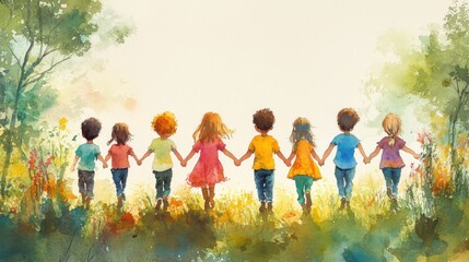 Naklejka premium Unity in Diversity - Children Exploring Forest Paths in Watercolor Style