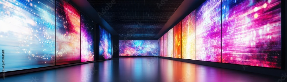 Poster a futuristic corridor with vibrant digital displays, featuring colorful lights and abstract patterns