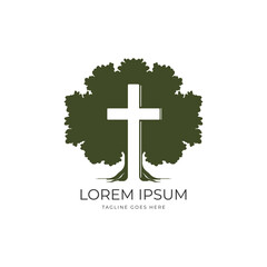 Fototapeta premium Oak Banyan Maple Tree Silhouette with Jesus Christian Cross for Religion Design