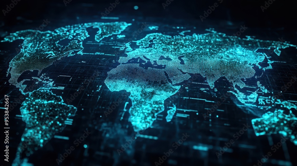 Poster a glowing digital world map, illustrating global connections and technology with a futuristic touch,