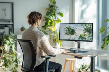 Woman is working at her computer at her adjustable height desk in her home office surrounded by plants