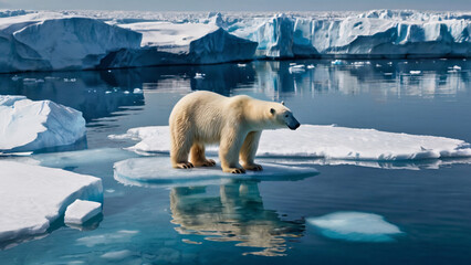 A polar bear standing on a floating iceberg in a vast, icy Arctic ocean
