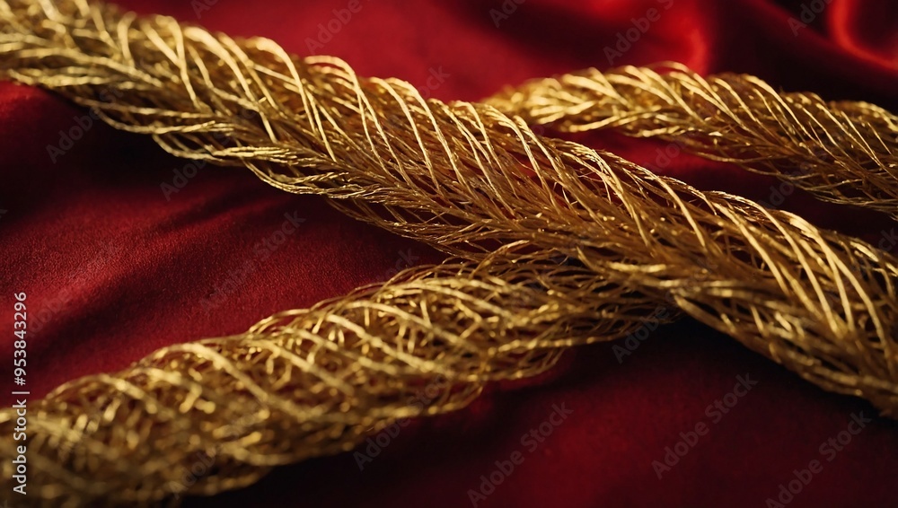 Poster a vivid red background adorned with diagonal golden threads.