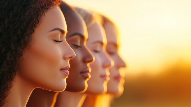 Four serene women with closed eyes aligned in profile, peacefully enjoying a warm, golden sunset, symbolizing harmony and unity.