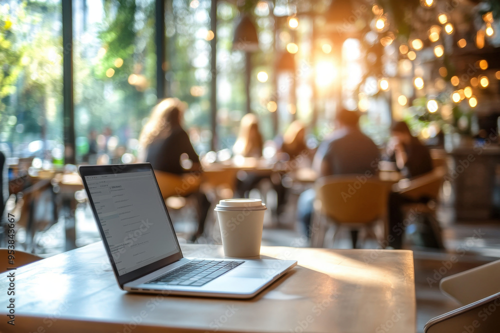 Aufkleber open laptop computer sitting on table in cafe with customers in background enjoying food and drink
